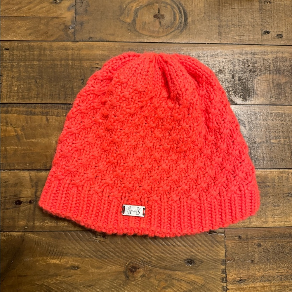 Neon coral under armour beanie